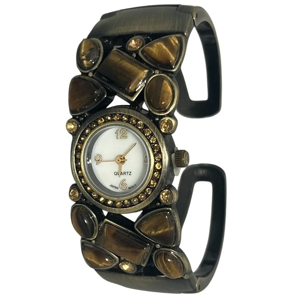 Fashion Cuff Bangle Watch Bronze Tone Tiger's Eye Stone Quartz Movement Untested